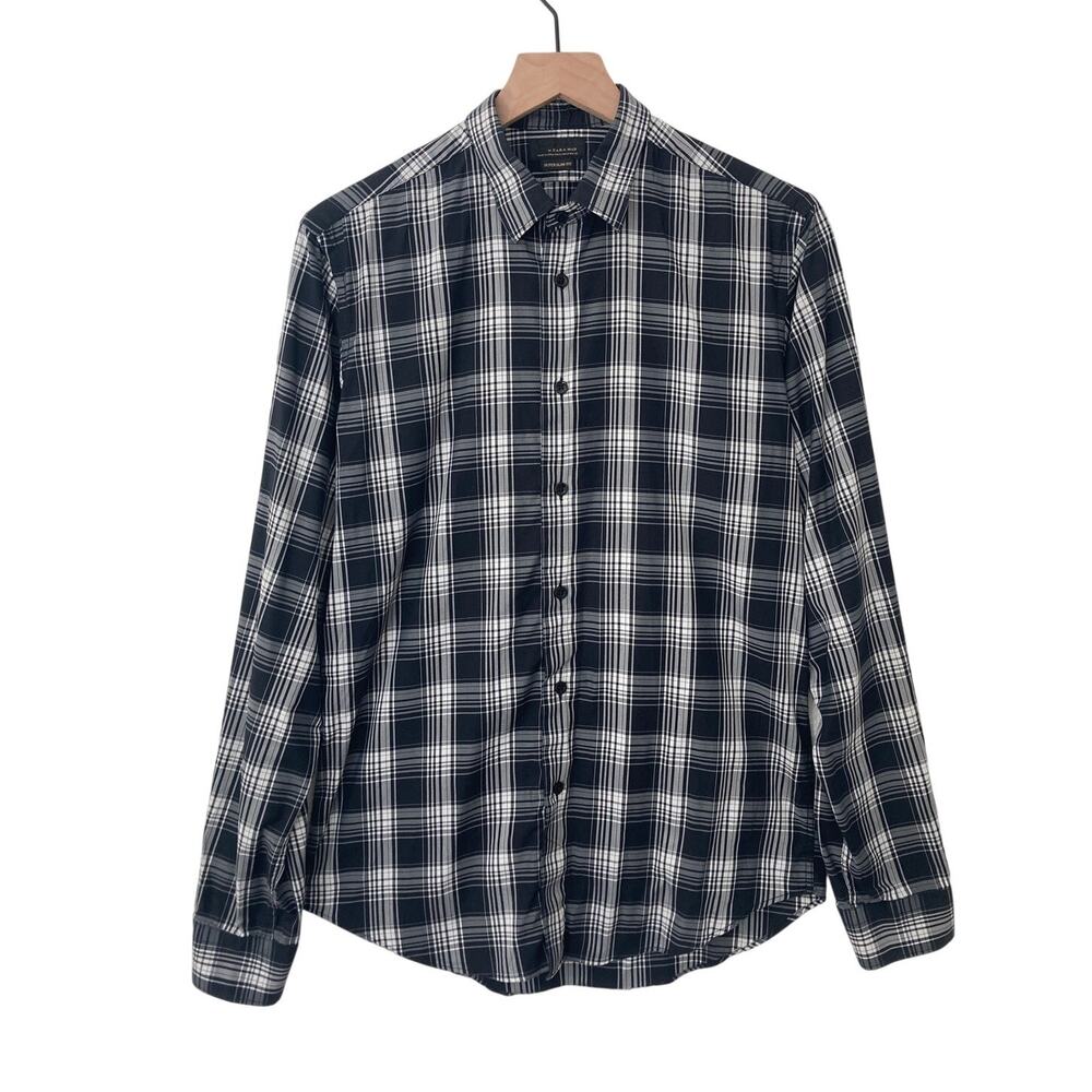 Zara Men Black Tag Plaid Formal Business Super Slim Fit Button Up Shirt Medium